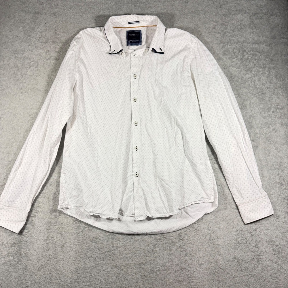 Denim & Flower Button Down Shirt Women XL White Micro Polka Dot Slim Fit Cotton